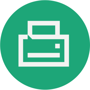 Weißes Druckersymbol auf grünem Kreis, Icon für Druckfunktion oder Druckerdienst.