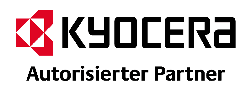 Logo von Kyocera mit rotem grafischem Symbol und Schriftzug auf weißem Hintergrund.